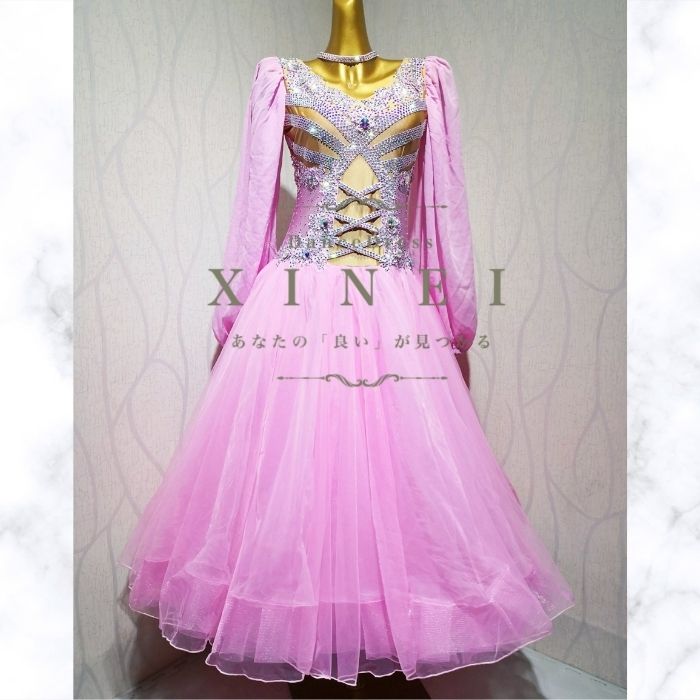 【受注生産・セミオーダー】社交ダンスドレス　ダンス衣装　発表会　ステージ衣装　モダンドレス　ラテンドレス　スカート　競技用　デモ用　練習用　ワルツドレス　ワンピース　パーティードレス　ダンスウエア　トップス　スタンダードドレス　MK092　【XINEI】