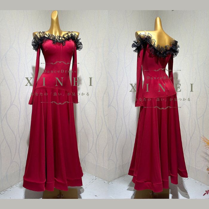 【受注生産・セミオーダー】社交ダンス　社交ダンスドレス　ダンス衣装　発表会　ステージ衣装　モダンドレス　ラテンドレス　スカート　競技用　デモ用　練習用　ワルツドレス　ワンピース　パーティードレス　ダンスウエア　トップス　パーティードレス　MP259 【XINEI】