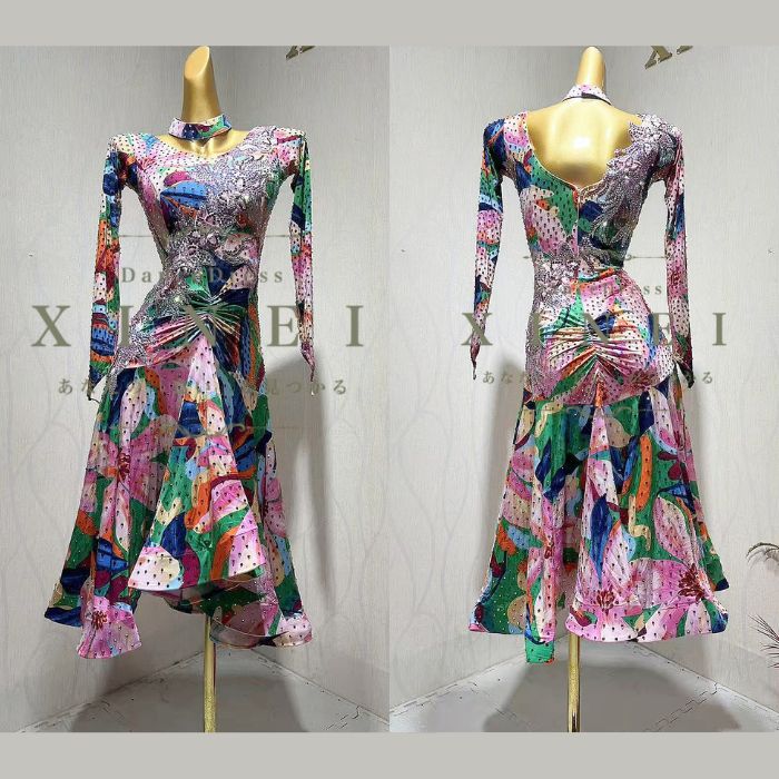 【受注生産・セミオーダー】社交ダンス　ドレス　ダンスドレス　ダンス衣装　発表会　ステージ衣装　モダンドレス　ラテンドレス　スカート　競技用　デモ用　練習用　ワンピース　パーティードレス　ダンスウエア　トップス　ラテンドレス　　LK341　【XINEI】