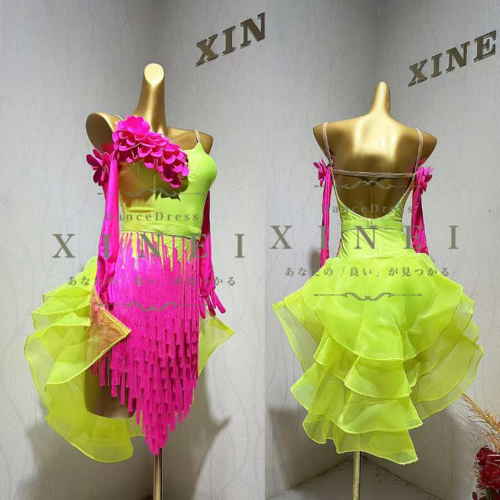 【受注生産・セミオーダー】社交ダンス　ドレス　ダンスドレス　ダンス衣装　発表会　ステージ衣装　モダンドレス　ラテンドレス　スカート　競技用　デモ用　練習用　ワンピース　パーティードレス　ダンスウエア　トップス　ラテンドレス　　LK338　【XINEI】