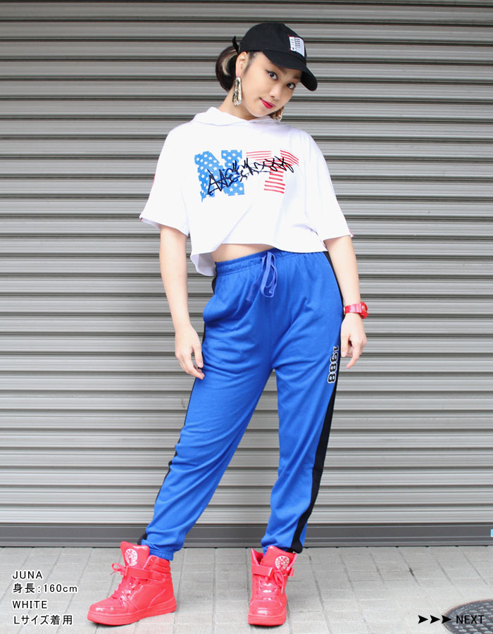 【タイムセール】メール便可 ショート Tシャツ【CHEER】[チアー] サイドライン NY ショート丈 フード トップス【ダンス 衣装 ヒップホップ レッスン着 おしゃれ へそ出し TEE USA チア レディース キッズ ジュニア パーカー 韓国 子供服】【ショート丈T】