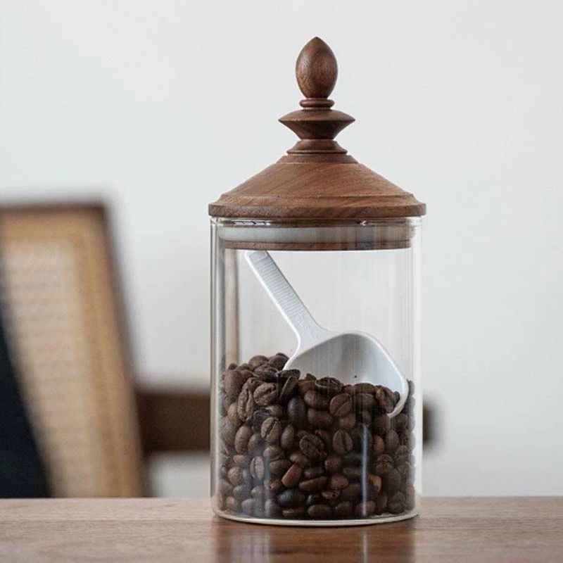 コーヒー豆保存容器ガラスキャニスター ス木製蓋付きガラス密封瓶 キャニスター パッキン付き 木の蓋 密封ビン 茶入 お菓子 調味料入れ防湿保存 北欧 インテリア おしゃれ天然木 キッチン組織木製蓋付き レストラン、ホテル、バー、展示会用