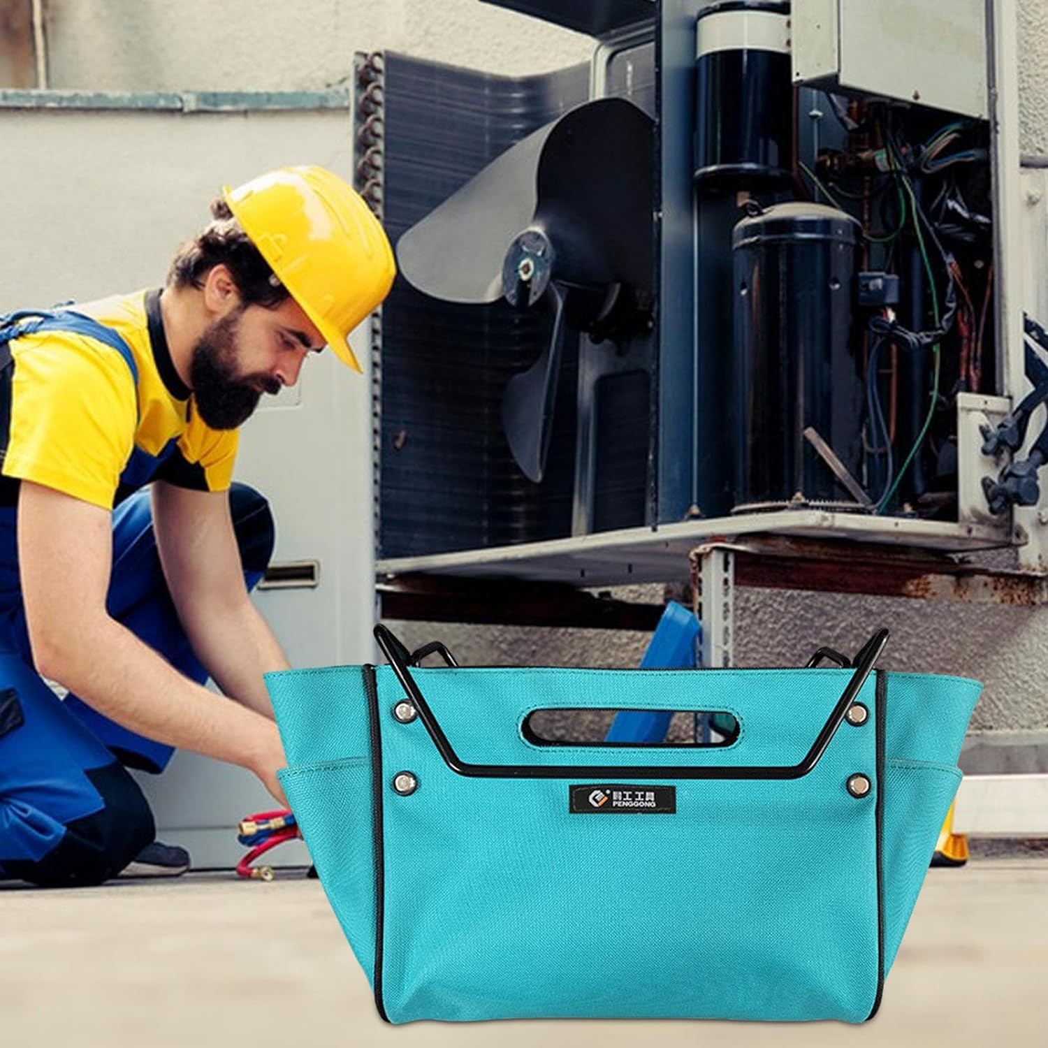 ポータブル折りたたみツールバッグ, ラダーバッグ, はしごツールバッグ、はしご専用収納バッグ、はしごキャディ容量、はしごアクセサリーバッグ、電気技師、配管工、大工または整備士用の折りたたみ布バッグツールポーチ。