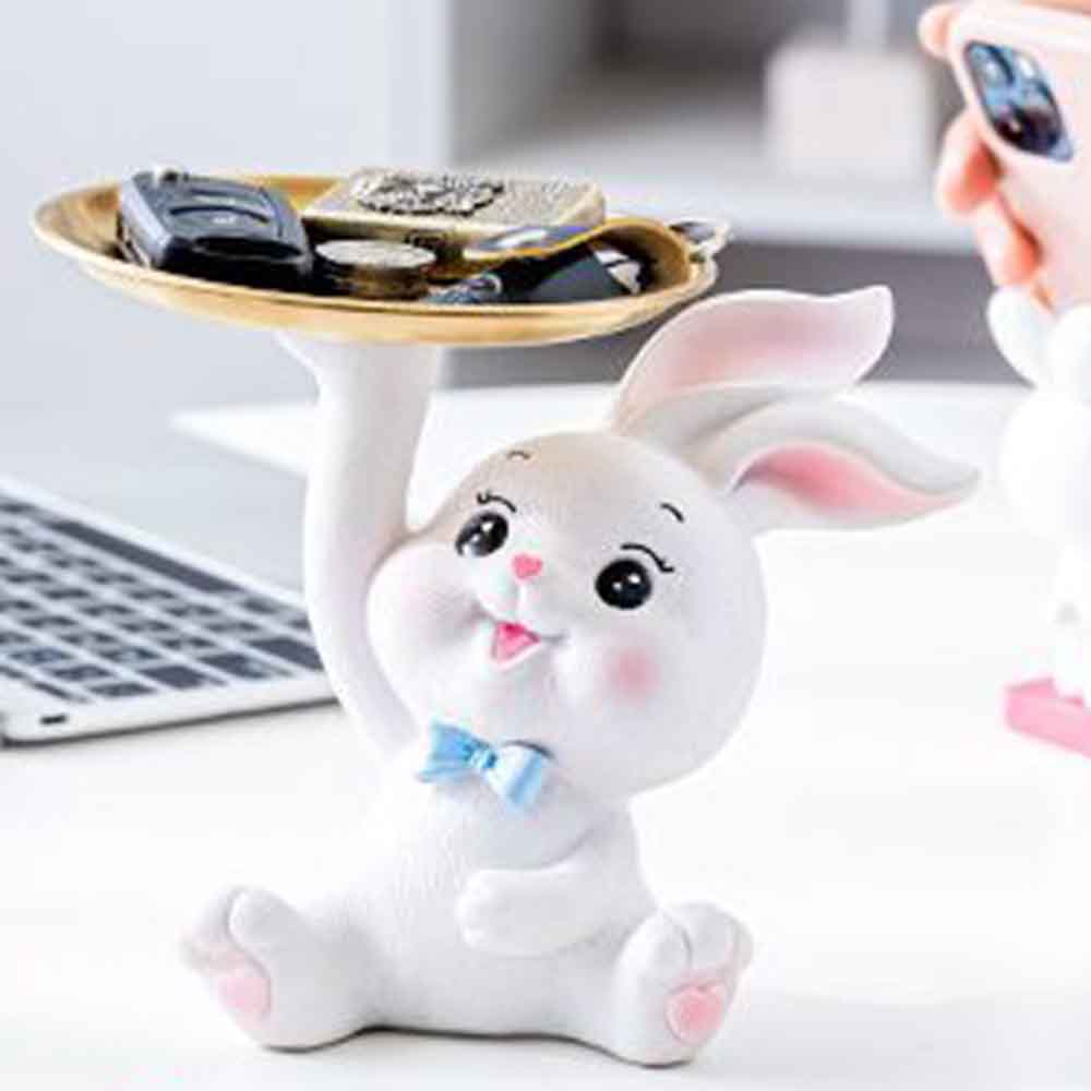 皿を上げるウサギ 置物 キー収納 鍵置き 小物収納 卓上置物 収納トレイ 動物像 彫刻装飾 玄関 ペットサ..