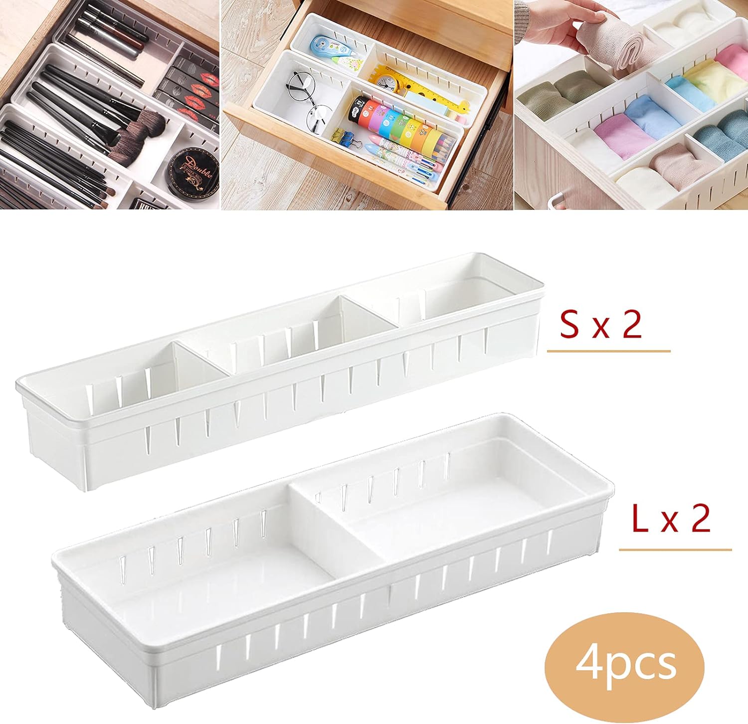 4個セット 引き出し仕切り 引き出し用トレイ 収納トレイ 仕切り板付き お好きにサイズ調整可能 自由組合 奥行き8cm 整理 収納ケース 引き出し カトラリー 文房具 キッチン 下着 工具 化粧品 デスク 収納 小物整理(3)