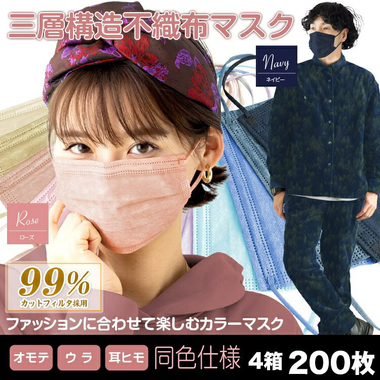 【4箱セット/全200枚・送料無料】三層構造不織布マスク カラー 200枚両面 耳紐 使い捨て 耳痛くない 平ゴムアソート ウイルス対策 花粉 BA5