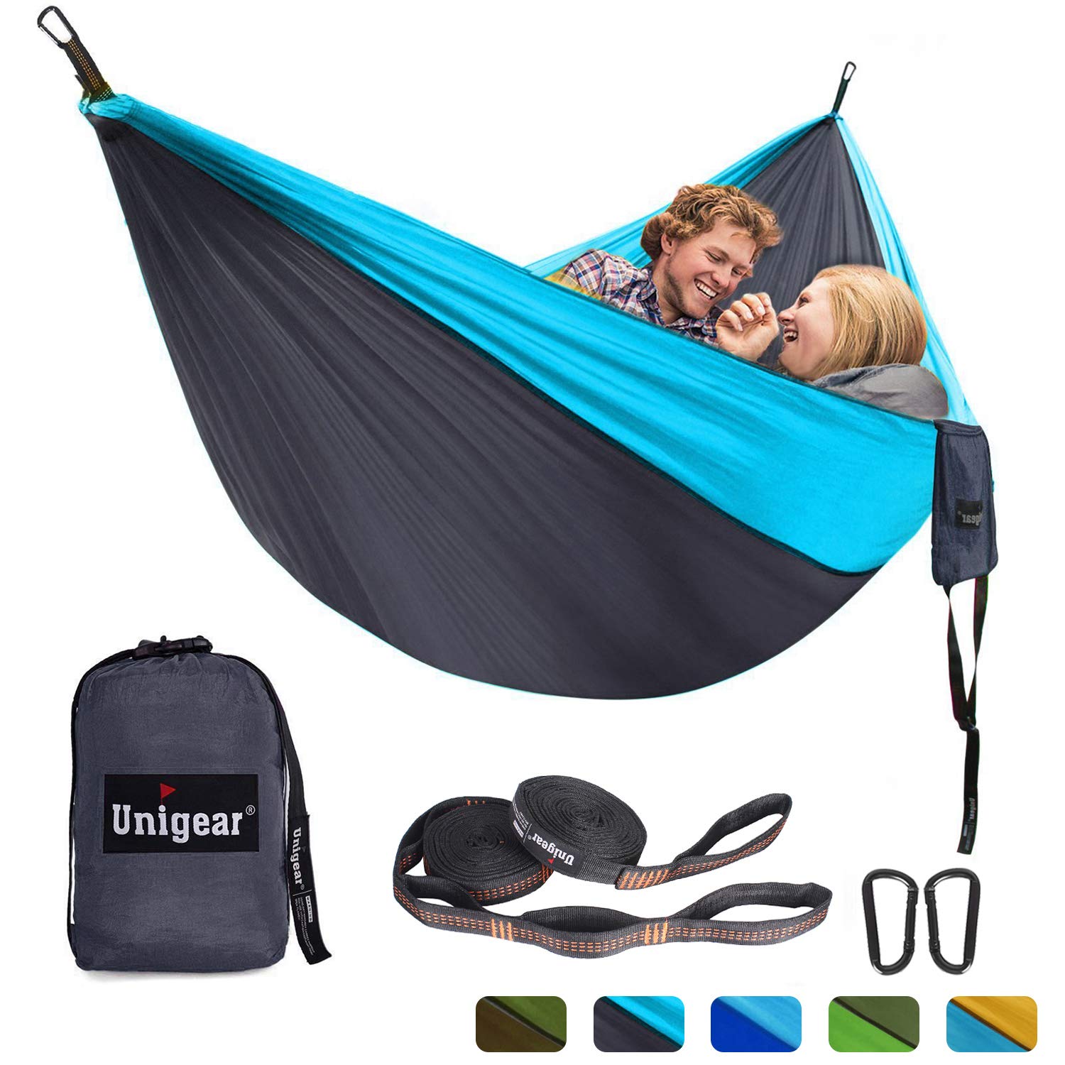 Unigearハンモックパラシュート専用ベルト付き超広い超軽量2人用余裕がある5色275times;165cm耐荷重350kg室内アウトドアキャンプ公園三人用コンパクト部屋風通し良く涼しいサラサラ肌触り良い高耐久安心通気速乾丈夫安全カラビナ付き
