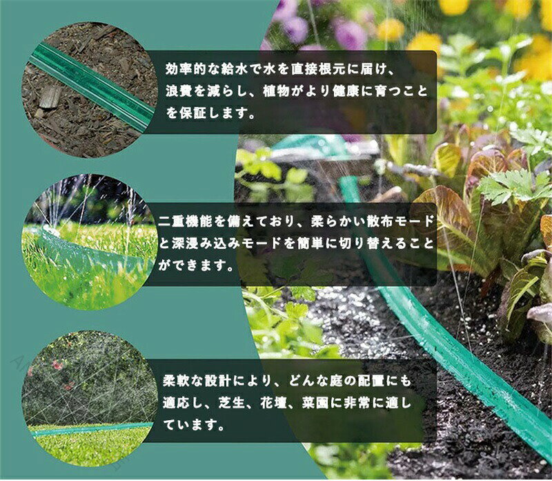 柔軟なPVC製散水チューブです。室外使用のため耐天候性が優れます。農業灌漑用、ガーデン水やり用、屋外冷却、加湿、などに幅広くご利用いただける散水ホースです。散水穴で、植物にソフトなシャワーで広範囲に水まきができる。室外使用のため耐天候性が優れます。マルチ仕様オプション: 30m/ 22.5m/15m /10m /7.5m/4.5m/3m、7種サイズオプション、PVC素材、耐久性ある 【原産国／製造国: 中国】 指定された配送時間は承っておりません。【ANDU楽天市場店】
