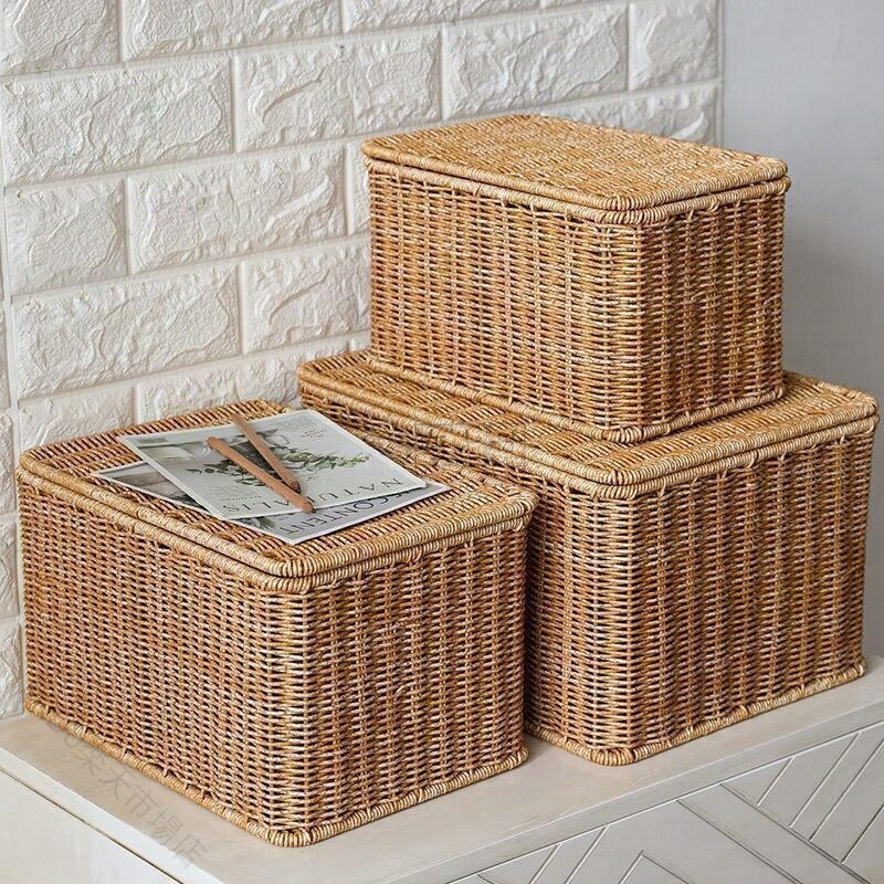 Md Racks - 収納ボックス 籐 編みかご 蓋付き 防塵 収納バスケット 収納かご 浅型 小物入れ 雑貨収納 収納ケース 北欧風 おしゃれ 多機能 藤バスケット 省スペース かわいい ナチュラル インテリア 取っ手付き 手編み 衣類収納 リビング収納 キッチン収納 寝室収納 小物整理 収納家具