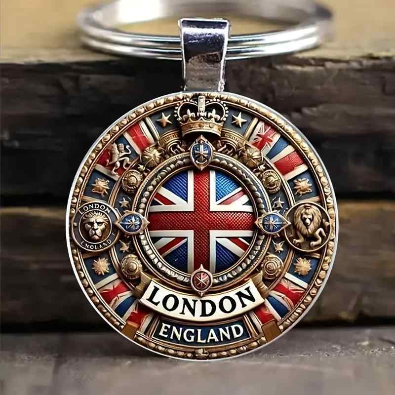 メンズ 男性用 キーホルダー ロンドン 英国風 レトロ ヴィンテージ ガラス 合金 円形 丸型 キーリング 鍵ホルダー アクセサリー おしゃれ 高級感 プレゼント 旅行 通勤 通学 紳士的 クラ