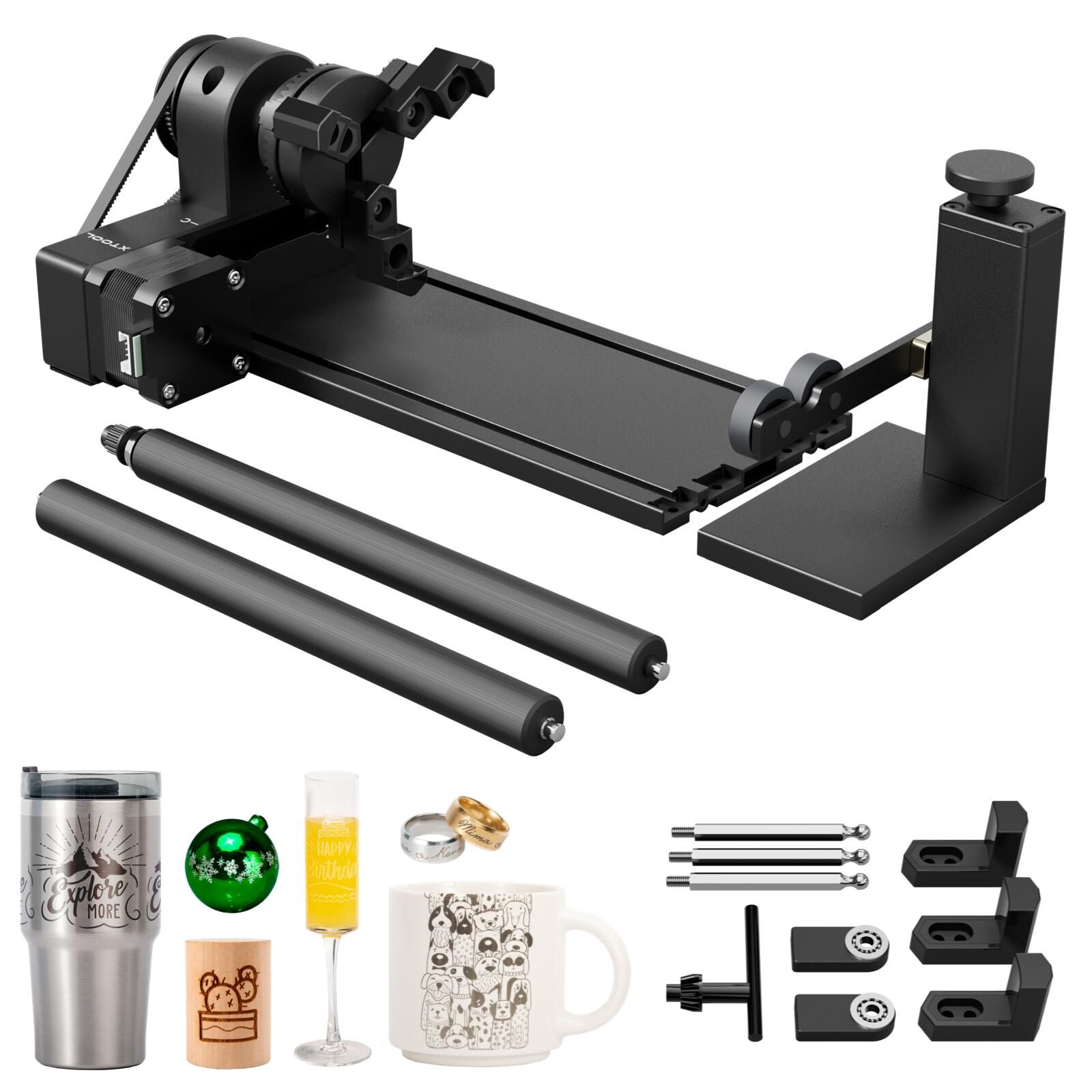 xTool F1/S1/F1 Ultra/M1 Ultra/P2/M1/D1 Pro用RA2 Pro 4-in-1 回転台 円筒体や球体が加工可 指輪やハンドル付きマグカップが加工可 不規則なシリンダーも対応可