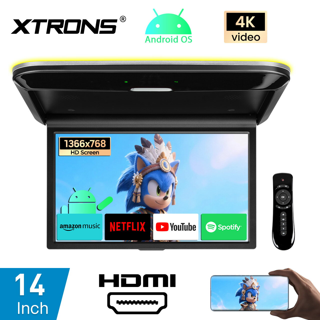 Rakuten - ＼3000円OFFクーポン配布中／ 4/17 20:00～XTRONS フリップダウンモニター 取り付け ヴォクシー セレナ 14インチAndroid搭載 車載モニター 後部座席 リアモニター ネット動画対応 Wi‑Fi ミラーリング HDMI入力 USB 4K動画再生 開閉角度120° スピーカー内蔵 1年保証 CM140AF