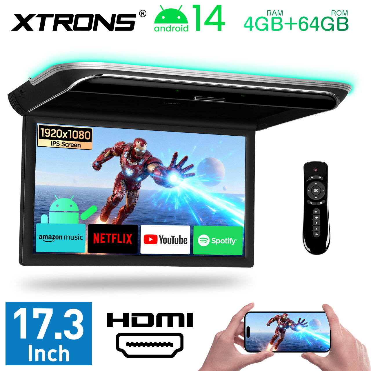 P2倍＼4000円OFFクーポン配布中／4/24 20:00～XTRONS フリップダウンモニター 取り付け ヴォクシー セレナ 17.3インチ Android搭載 車載モニター 後部座席テレビ リアモニター IPS液晶 ネット動画対応 Wi‑Fi ミラーリング HDMI入力 4K動画　スピーカー内蔵 1年保証 CM179AH