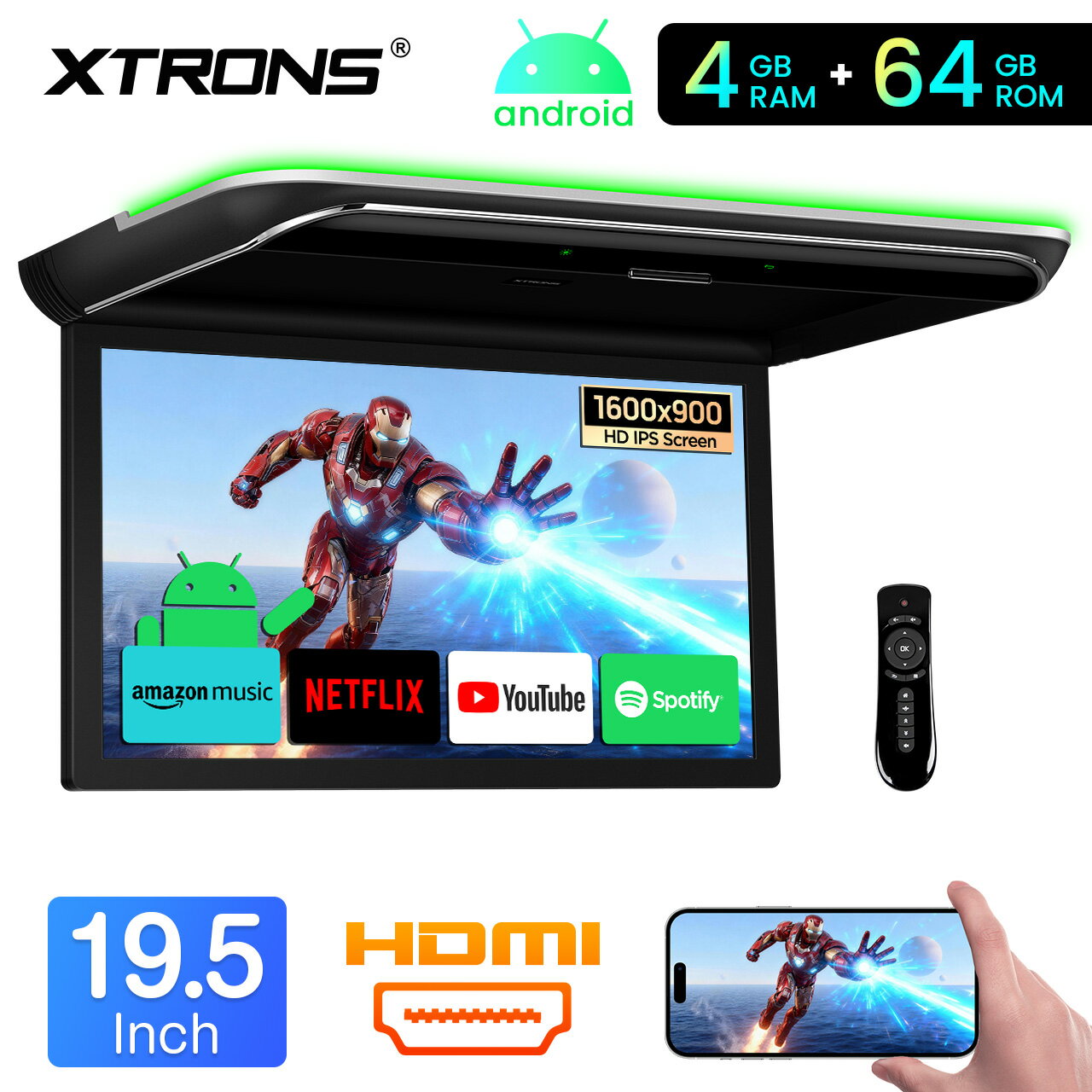 【セール4500円OFF+ポイント最大49倍】XTRONS フリップダウンモニター 取り付け ヴォクシー セレナ 19.5インチ Android搭載 車載モニター 後部座席テレビ リアモニター IPS液晶 ネット動画対応 Wi‑Fi ミラーリング HDMI入力 4K動画 スピーカー内蔵 1年保証 CM195AH