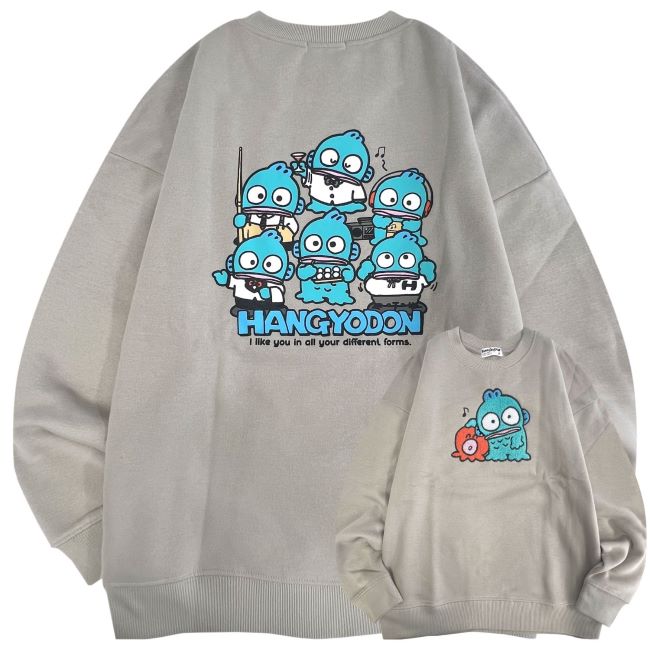 ハンギョドン さゆりちゃん 長袖 トレーナー 刺繍 ワッペン サガラ サンリオ 裏起毛 レディース メンズ フリーサイズ M L LL グリーン カーキ ブラック 黒 キャラクター 大人 子供 部屋着 カジュアル sanrio コスプレ 変身 あったかい プリント バックプリント