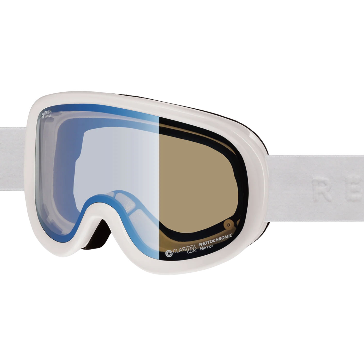 25-26 REVOLT SUPER LIGHT FRAME White Gross x Matte Blue Mirror / Clear PHO (BCP) リボルト ゴーグル GOGGLE 調光レンズ 紫外線量によってレンズカラーが変化する調光レンズ！ 柔らかくフィット感の優れた特殊なウレタンフレームと、脱着が簡単なマグネットバックルを採用しています。レンズは太陽光の強さに合わせて最適な視認性を確保する調光タイプです。またプレミアムアンチフォグにより曇りにくく快適な視界を保ちます。レンズ特徴太陽光の強さに合わせて最適な視認性を確保する調光タイプで、外レンズのブルーミラーがかすみを取り、内レンズのクリア調光レンズが紫外線量に合わせて最適な視認性を確保します。多少暗くても見えやすいオールラウンドレンズです。可視光線 - 透過率17% - 63% 5