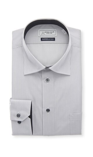 Wide Collar - 【洋服の青山】ワイシャツ 長袖 メンズ スリム 春夏秋冬 グレー ストライプ ワイドカラー 形態安定 シワになりにくい 簡単アイロン お手入れ簡単 洗える 切替生地 メンズシャツ Yシャツ カッターシャツ ビジネス オフィス 通勤 出張 営業 外勤 内勤 大人 社会人 オシャレ