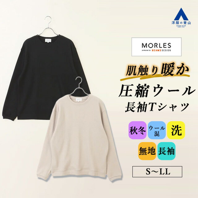 【洋服の青山】クルーネック Tシャツ 長袖 メンズ 秋冬 冬 ブラック ベージュ 黒 無地 丸首 暖かい 保温 洗える ウール混 ラムウール カジュアル 普段着 ビジカジ オフィス ビジネス 部屋着 ルームウェア 男性 長そで 長袖Tシャツロンt ロングtシャツ トップス ティーシャツ