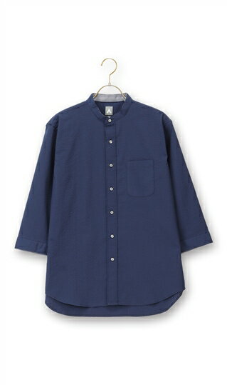 【洋服の青山】バンドカラーシャツ 7分袖 メンズ 春夏 秋冬 ネイビー 紺 オールシーズン 無地 洗