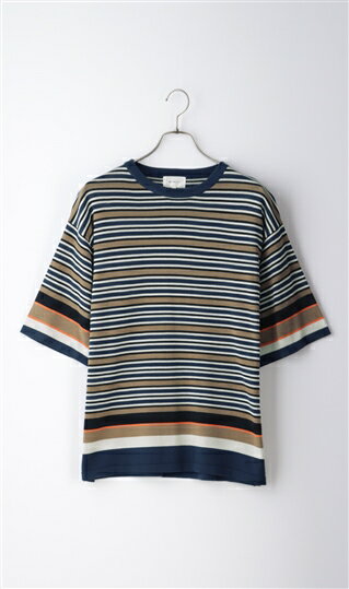 【洋服の青山】半袖ニット メンズ 春夏用 ボーダー ネイビー系 綿紺 マルチボーダー 半袖 ニット クルーネック 上品 男性 カジュアル【MORLES】