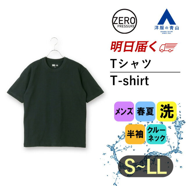 【洋服の青山】ボディワイルド ゼロプレッシャー Tシャツ メンズ 半袖 春夏用 ブラック系 黒無地 洗える ウォッシャブル 家庭洗濯 クルーネック 丸首 ヘビーウェイト トップス ティーシャツ 男性トップス おしゃれ カジュアル ビジネス トップス