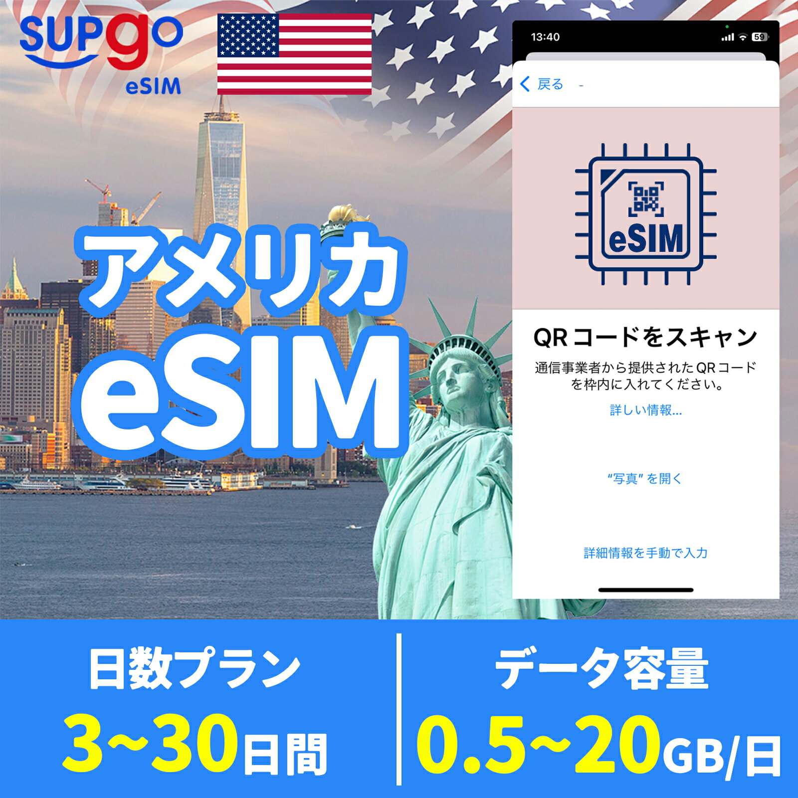 eSIM アメリカeSIM 米国 USA 500MB 1GB 2GB 5GB 10GB 20GB 3日間 5日間 7日間 10日間 15日間 20日間 30日間 高速 データ通信専用 プリペイドeSIM メール納品 simカード 一時帰国 留学 短期 出張 使い捨て