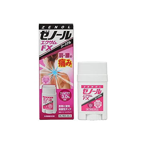 医薬品区分 一般用医薬品 薬効分類 鎮痛・鎮痒・収れん・消炎薬（パップ剤を含む） 承認販売名 製品名 ゼノールエクサムFX 製品名（読み） ゼノールエクサムFX 製品の特徴 使用上の注意 ■してはいけないこと （守らないと現在の症状が悪化したり，副作用が起こりやすくなります。） 1．次の人は使用しないでください。 　（1）本剤又は本剤の成分によりアレルギー症状を起こしたことがある人 　（2）ぜんそくを起こしたことがある人 　（3）妊婦又は妊娠していると思われる人 　（4）15歳未満の小児 2．次の部位には使用しないでください。 　（1）目の周囲，粘膜等 　（2）湿疹，かぶれ，傷口 　（3）みずむし・たむし等又は化膿している患部 ■相談すること 1．次の人は使用前に医師，薬剤師又は登録販売者に相談してください。 　（1）医師の治療を受けている人 　（2）薬などによりアレルギー症状を起こしたことがある人 2．使用後，次の症状があらわれた場合は副作用の可能性があるので，直ちに使用を中止し，この説明書きを持って医師，薬剤師又は登録販売者に相談してください。 ［関係部位：症状］ 皮膚：発疹・発赤，かゆみ，はれ，ヒリヒリ感，かぶれ まれに次の重篤な症状が起こることがあります。その場合は直ちに医師の診療を受けてください。 ［症状の名称：症状］ ショック（アナフィラキシー）：使用後すぐに，皮膚のかゆみ，じんましん，声のかすれ，くしゃみ，のどのかゆみ，息苦しさ，動悸，意識の混濁等があらわれます。 3．1週間位使用しても症状がよくならない場合は使用を中止し，この説明書きを持って医師，薬剤師又は登録販売者に相談してください。 効能・効果 肩こりに伴う肩の痛み，腰痛，関節痛，筋肉痛，打撲，捻挫，腱鞘炎（手・手首・足首の痛みとはれ），肘の痛み（テニス肘など） 効能関連注意 用法・用量 1日2〜4回，適量を患部にすり込んでください。 用法関連注意 （1）用法・用量を厳守してください。 （2）目に入らないようご注意ください。万一，目に入った場合には，すぐに水又はぬるま湯で洗ってください。なお，症状が重い場合には，眼科医の診療を受けてください。 （3）本剤は外用にのみ使用し，内服しないでください。 （4）本剤塗布後の患部を，ラップフィルム等の通気性の悪いものでおおわないでください。 （5）患部の汗をふきとってから使用してください。 （6）容器が直接患部に当たらないように，容器の中の薬剤を4〜5mm出してから使用してください。 （7）薬剤底部の受け皿が見え，ガタつくようになったら，本剤の使用をやめてください。また，受け皿に残った薬剤は無理に使用しないでください。 成分分量 100g中 成分 分量 フェルビナク 3g l-メントール 2.7g 添加物 マクロゴール，クロタミトン，オレイルアルコール，ステアリン酸，イソステアリン酸，乳酸ナトリウム，香料，フェニルエチルアルコール，スクワラン，pH調節剤，イソプロパノール，その他2成分 保管及び取扱い上の注意 （1）直射日光の当たらない涼しい所に保管してください。 （2）揮発性がありますので，使用後はキャップをきちんと閉めて，外気にふれないようにしてください。 （3）小児の手の届かない所に保管してください。 （4）他の容器に入れかえないでください。（誤用の原因になったり品質が変わります。） （5）本剤を火気に近づけないでください。また，使用後は火中に投じないでください。 （6）塗料（家具，塗装床，アクセサリー等），化繊，絹，皮革等に付着すると変質することがありますので，ご注意ください。 （7）使用期限が過ぎた製品は使用しないでください。また，開封後は使用期限内であっても，品質保持の点からなるべく速やかに使用してください。 消費者相談窓口 会社名：大鵬薬品工業株式会社 住所：東京都千代田区神田錦町1-27 問い合わせ先：お客様相談室 電話：03-3293-4509 製造販売会社 三笠製薬（株） 会社名：三笠製薬株式会社 住所：東京都練馬区豊玉北2-3-1 販売会社 大鵬薬品工業（株） 剤形 その他 リスク区分等 第2類医薬品 発売元／大鵬薬品 　区分／日本製　【第2類医薬品】 広告文責／株式会社コトブキ薬局　TEL／0667200480