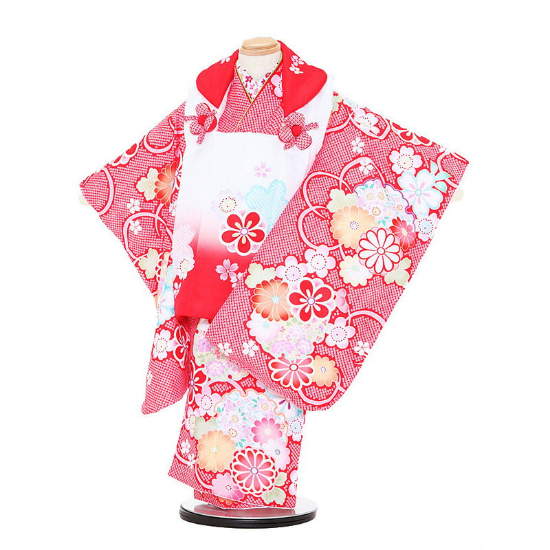 【レンタル】【あす楽】着物 3歳 被布 セット 753 七五三レンタル 3023 陽気な天使 白赤×赤 花 3歳 女児 被布 七五三 三歳女児 きものレンタル ...