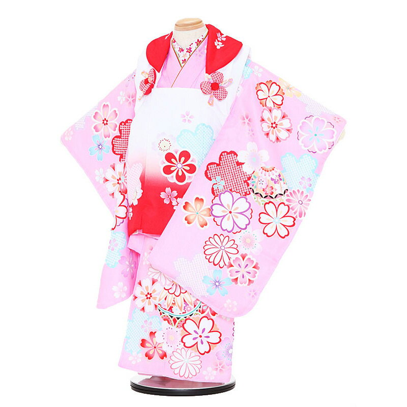 【レンタル】【あす楽】着物 3歳 被布 セット 753 七五三レンタル 3024 陽気な天使 白赤×ピンク 花 3歳 女児 被布 七五三 三歳女児 きものレンタ...