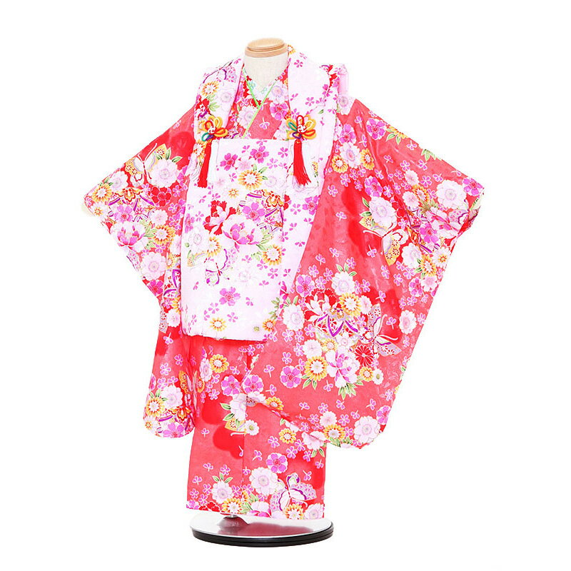 【レンタル】【あす楽】着物 3歳 被布 セット 753 七五三レンタル 3025 ピンク×赤橙 花 3歳 女児 被布 七五三 三歳女児 きものレンタル 子供 往...