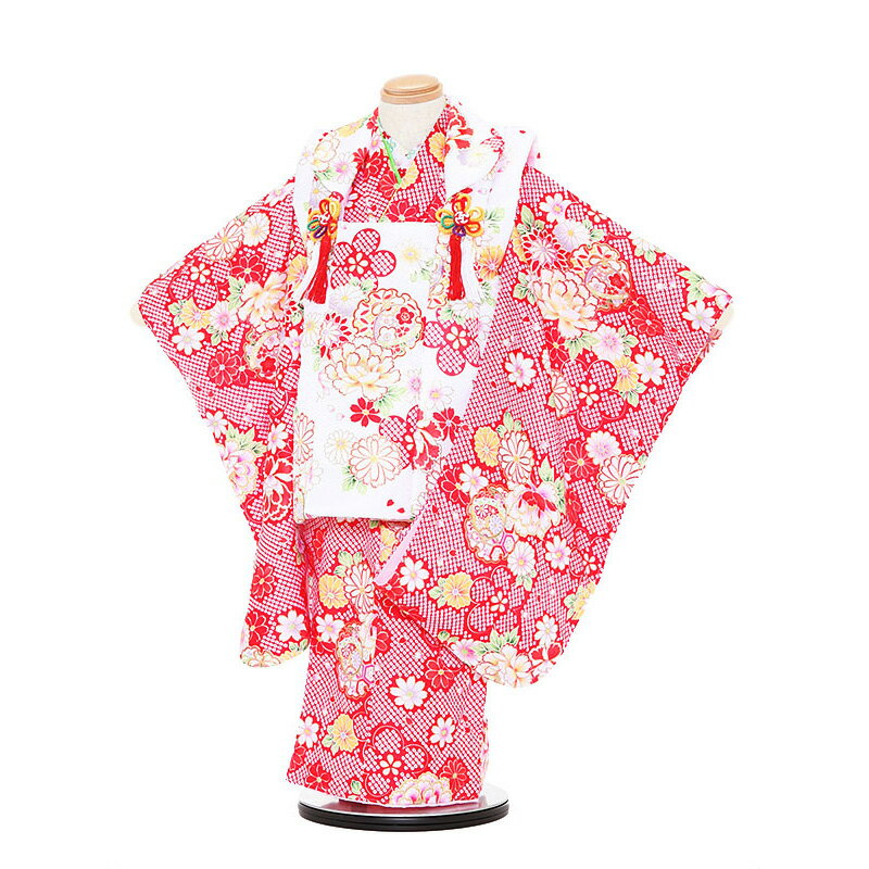 【レンタル】【あす楽】着物 3歳 被布 セット 753 七五三レンタル 3028 白×赤 牡丹 3歳 女児 被布 七五三 三歳女児 きものレンタル 子供 往復送...