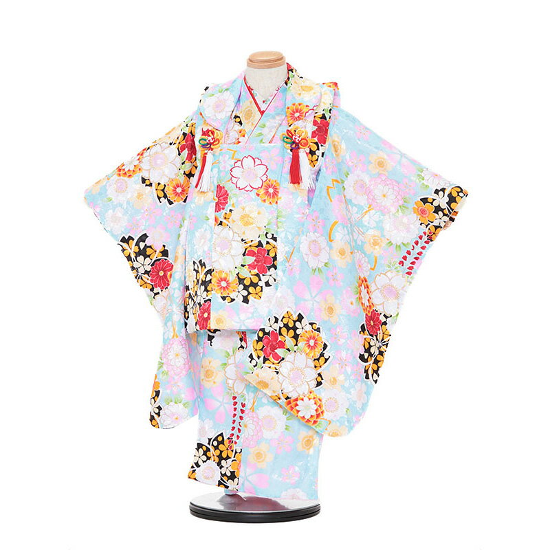 【レンタル】【あす楽】着物 3歳 被布 セット 753 七五三レンタル 3034 水色×水色 花 3歳 女児 被布 七五三 三歳女児 きものレンタル 子供 往復...