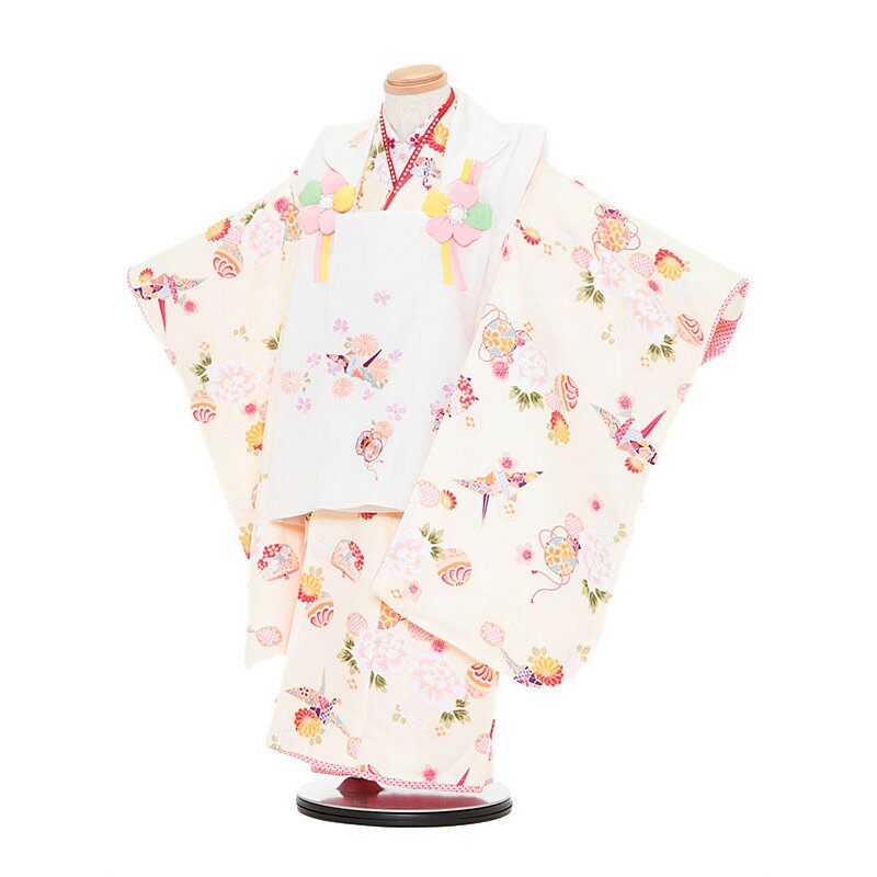 【レンタル】【あす楽】着物 3歳 被布 セット 753 七五三レンタル 3066 R・KIKUCHI 白×薄黄色 折り鶴 3歳 女児 被布 七五三 三歳女児 き...