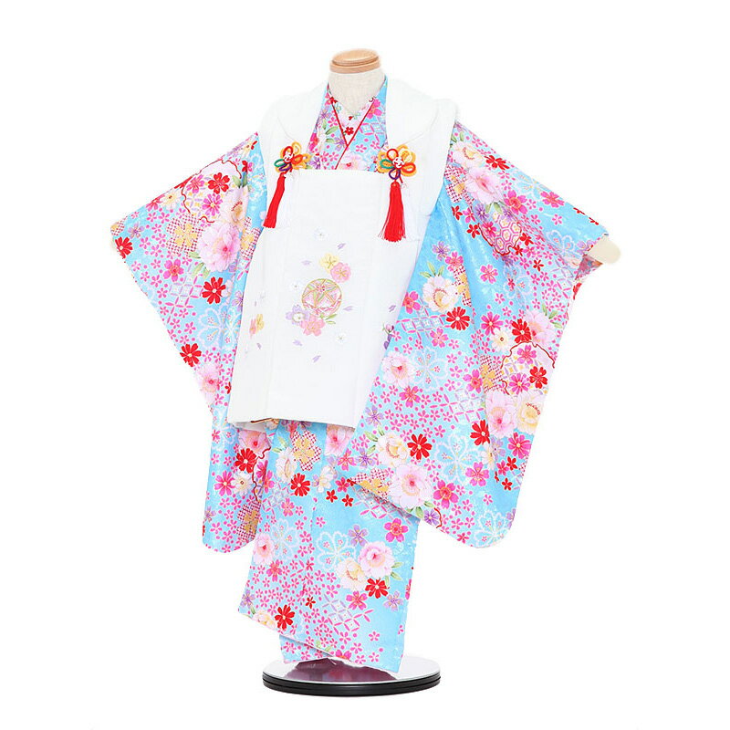 【レンタル】【あす楽】着物 3歳 被布 セット 753 七五三レンタル 3082 白×水色 花 まり 3歳 女児 被布 七五三 三歳女児 きものレンタル 子供 ...