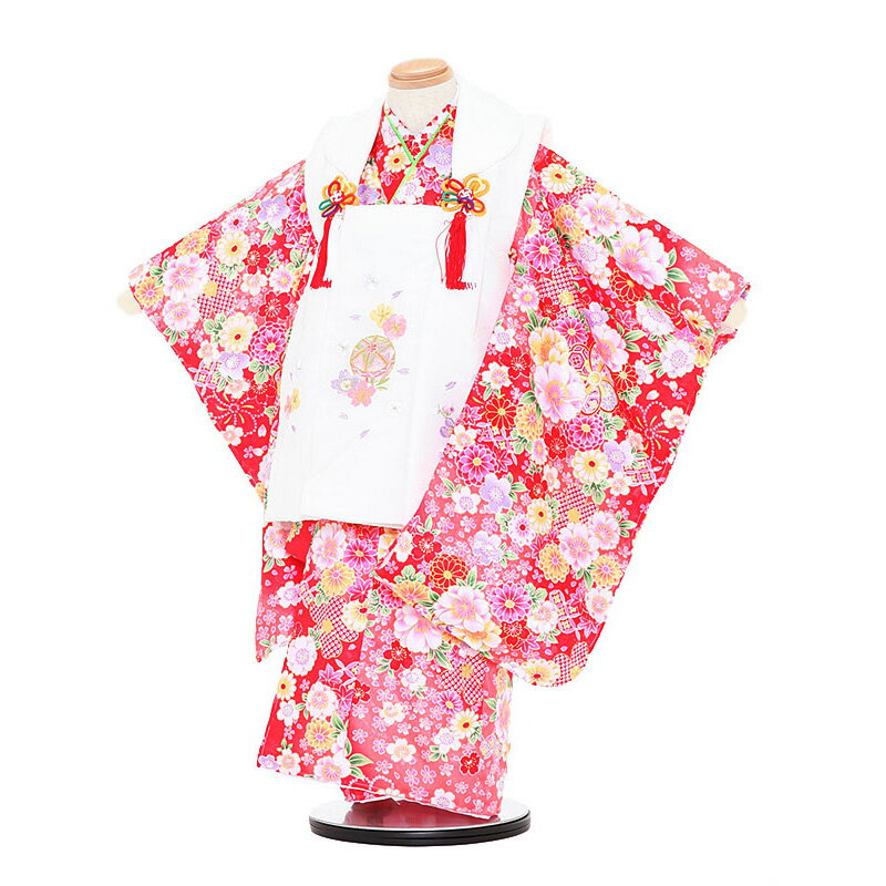 【レンタル】【あす楽】着物 3歳 被布 セット 753 七五三レンタル 3084 白×サーモンピンク 花 3歳 女児 被布 七五三 三歳女児 きものレンタル 子...