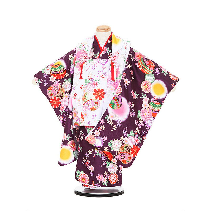 【レンタル】【あす楽】着物 3歳 被布 セット 753 七五三レンタル 3089 白×紫 まり 3歳 女児 被布 七五三 三歳女児 きものレンタル 子供 往復送...