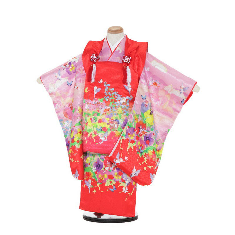 【レンタル】【あす楽】 着物 3歳 被布 セット 753 七五三レンタル M320 Moe(モエ)/赤×ピンク 3歳 女児 被布 七五三 三歳女児 きものレンタ...