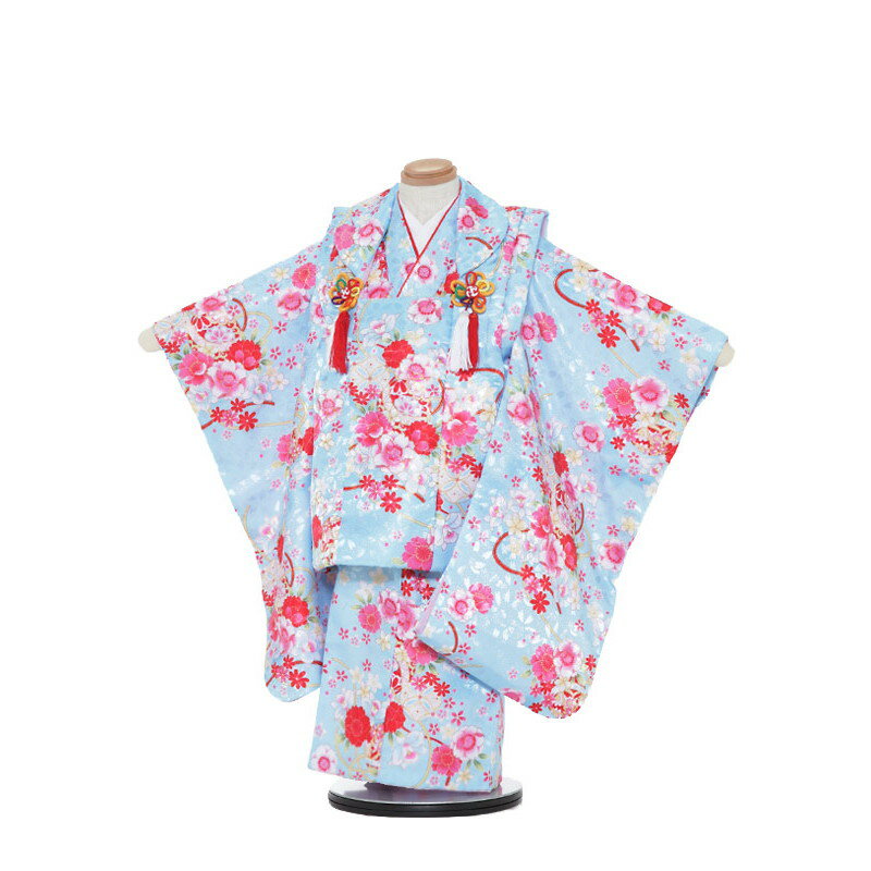 【レンタル】【あす楽】 着物 3歳 被布 セット 753 七五三レンタル F334　水色／花まり　3歳 女児 被布 七五三 三歳女児 きものレンタル 子供 往復送料無料【0APF334】