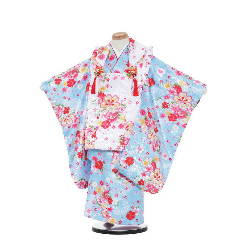 【レンタル】【あす楽】 着物 3歳 被布 セット 753 七五三レンタル F335 水色×白/花 3歳 女児 被布 七五三 三歳女児 きものレンタル 子供 往復...