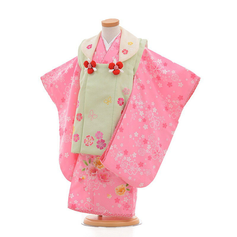 【レンタル】【あす楽】 着物 3歳 被布 セット 753 七五三レンタル M311 乙葉/ピンクx緑 3歳 女児 被布 七五三 三歳女児 きものレンタル 子供 ...