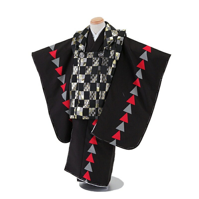 【レンタル】【あす楽】【被布】753|七五三 被布|着物 レンタル|七五三 レンタル 5041 黒 市松模様×黒 鱗 3歳男の子|753|七五三 着物 3歳|七...