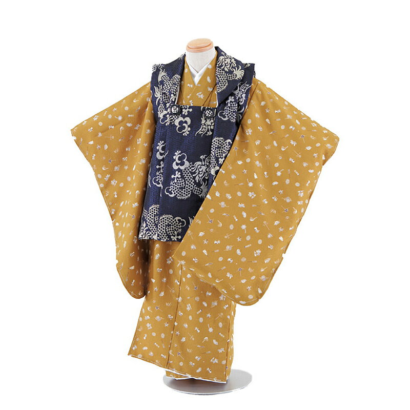 【レンタル】【あす楽】【被布】753|七五三 被布|着物 レンタル|七五三 レンタル 5051 紺地×黄土色 猫 鴨 3歳男の子|753|七五三 着物 3歳|七...