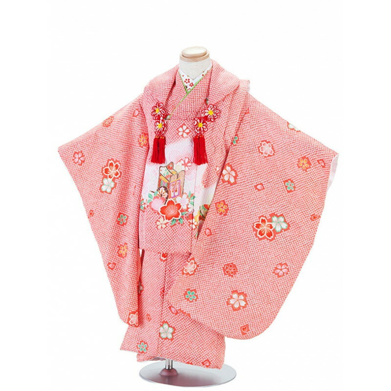 【レンタル】【あす楽】七五三 着物 3歳 被布 セット 753 七五三レンタル T339 赤・しぼり風小花と御所車 3歳 女児 被布 七五三 三歳女児 きものレ...