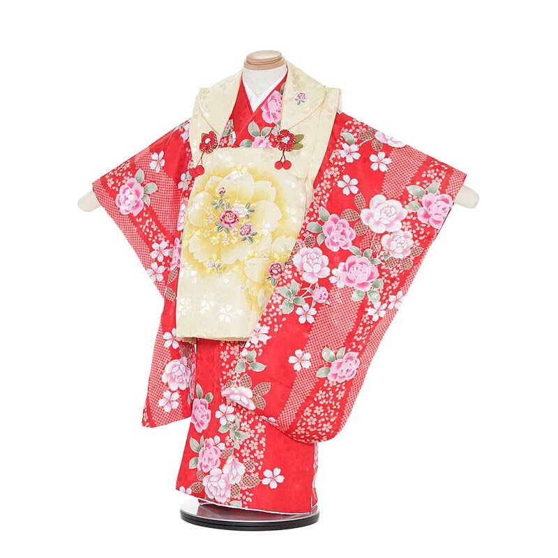 【レンタル】【あす楽】七五三 着物 3歳 被布 セット 753 七五三レンタルH301 R・KIKUCHI 赤地 椿 3歳 女児 被布 七五三 三歳女児 きもの...