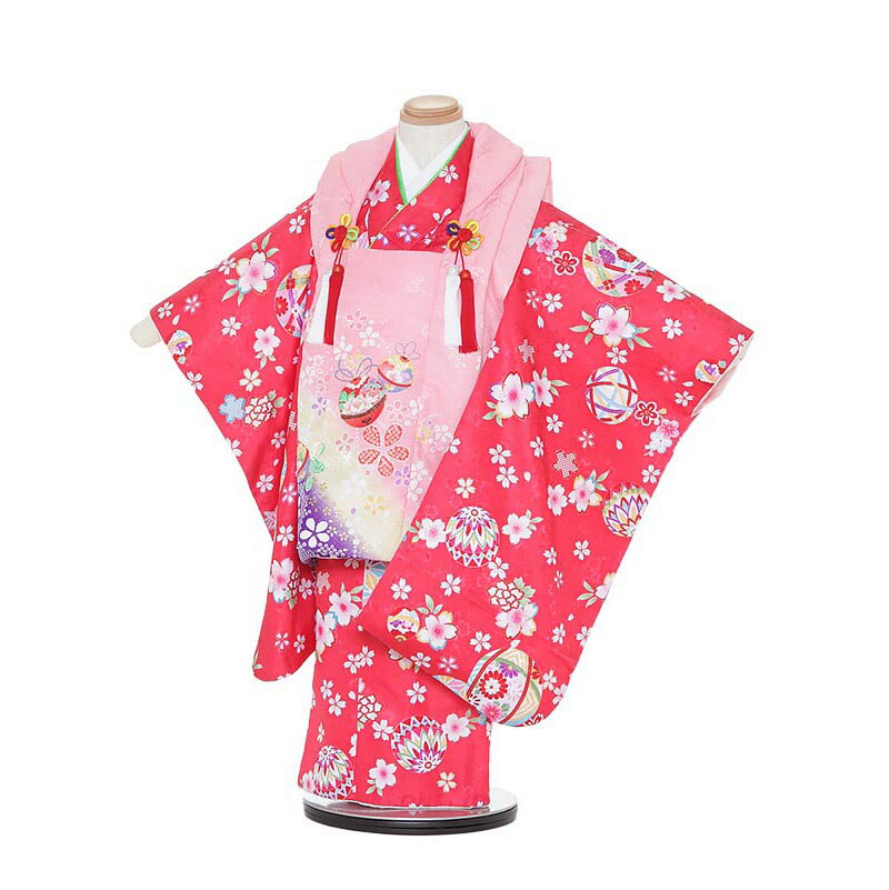 【レンタル】【あす楽】七五三 着物 3歳 被布 セット 753 七五三レンタルH328 ピンク×赤 小花に鈴 3歳 女児 被布 七五三 三歳女児 きものレンタル...