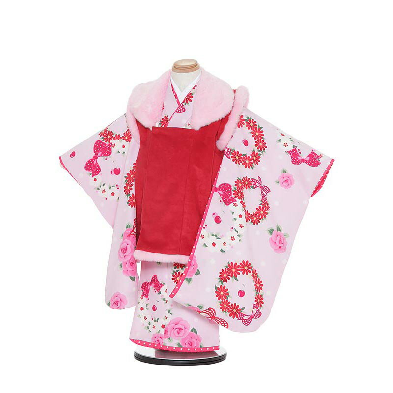 【レンタル】【あす楽】七五三 着物 3歳 被布 セット 753 七五三レンタルH336 赤×ピンク 花とリボン 3歳 女児 被布 七五三 三歳女児 きものレンタ...