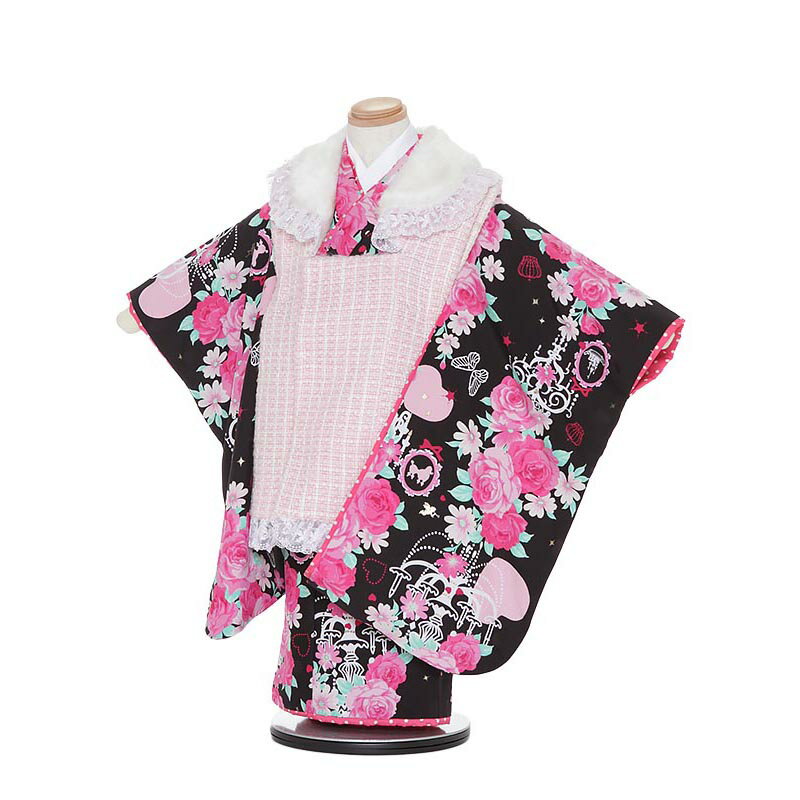 【レンタル】【あす楽】七五三 着物 3歳 被布 セット 753 七五三レンタルH344 ピンク×黒 花とハート 3歳 女児 被布 七五三 三歳女児 きものレンタ...
