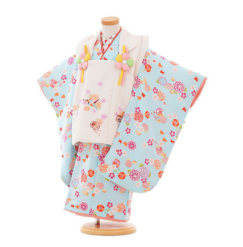 【レンタル】【あす楽】七五三 着物 3歳 被布 セット 753 七五三レンタルA313 R・KIKUCHI白×水色花まり3歳 女児 被布 七五三 三歳女児 きも...