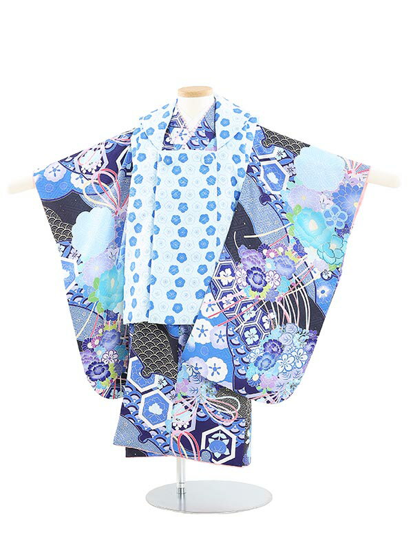 【レンタル】【あす楽】着物 3歳 女児 被布 セット 753 七五三レンタル B319 KAGURA レトロ古典柄 和ブーケ 水色×青 七五三 三歳女児 きものレンタル 子供 往復送料無料【0APB319】