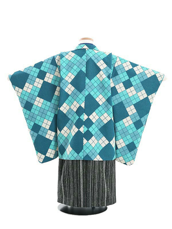 【レンタル】【あす楽】かんたん七五三 簡単着付 マジックテープ 753|七五三 5歳 レンタル|七五三 着物 男の子 N536 アーガイルチェック 青緑 5歳男の子|子供|七五三 5歳児 レンタル|5歳用 着物|往復送料無料【0AON536】